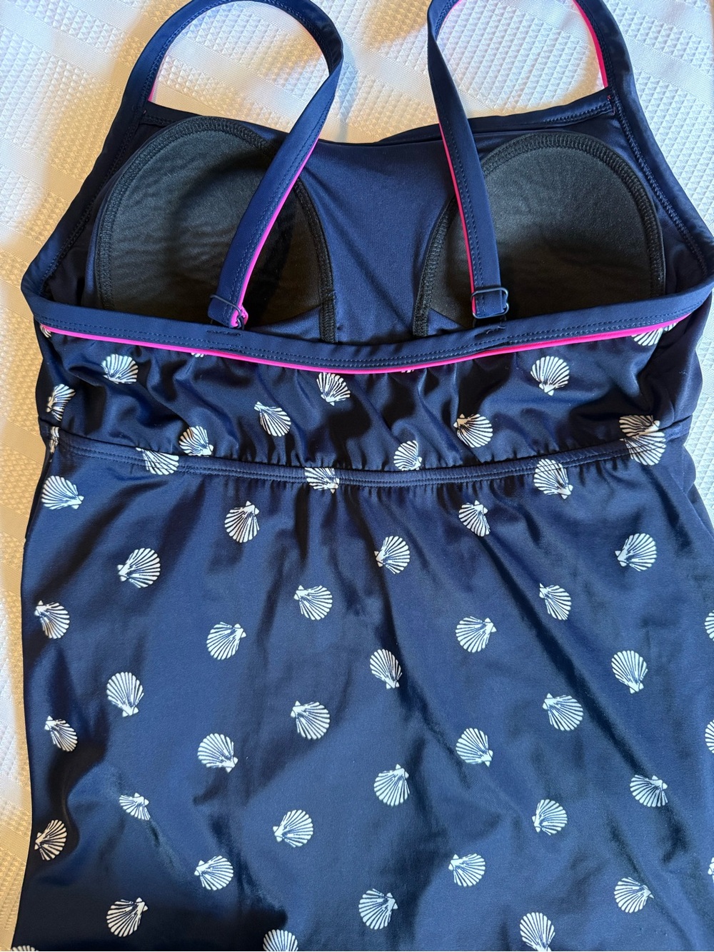Kim Rogers Navy One-Piece Swimdress with White Shell Print and Pink Trim - Picture 4 of 9
